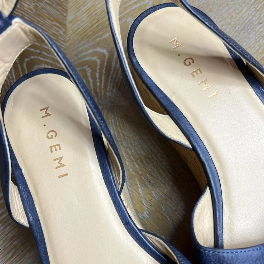 M. GEMI Women's The Linee Blue Leather Platform Cork Wedge Sandals 37